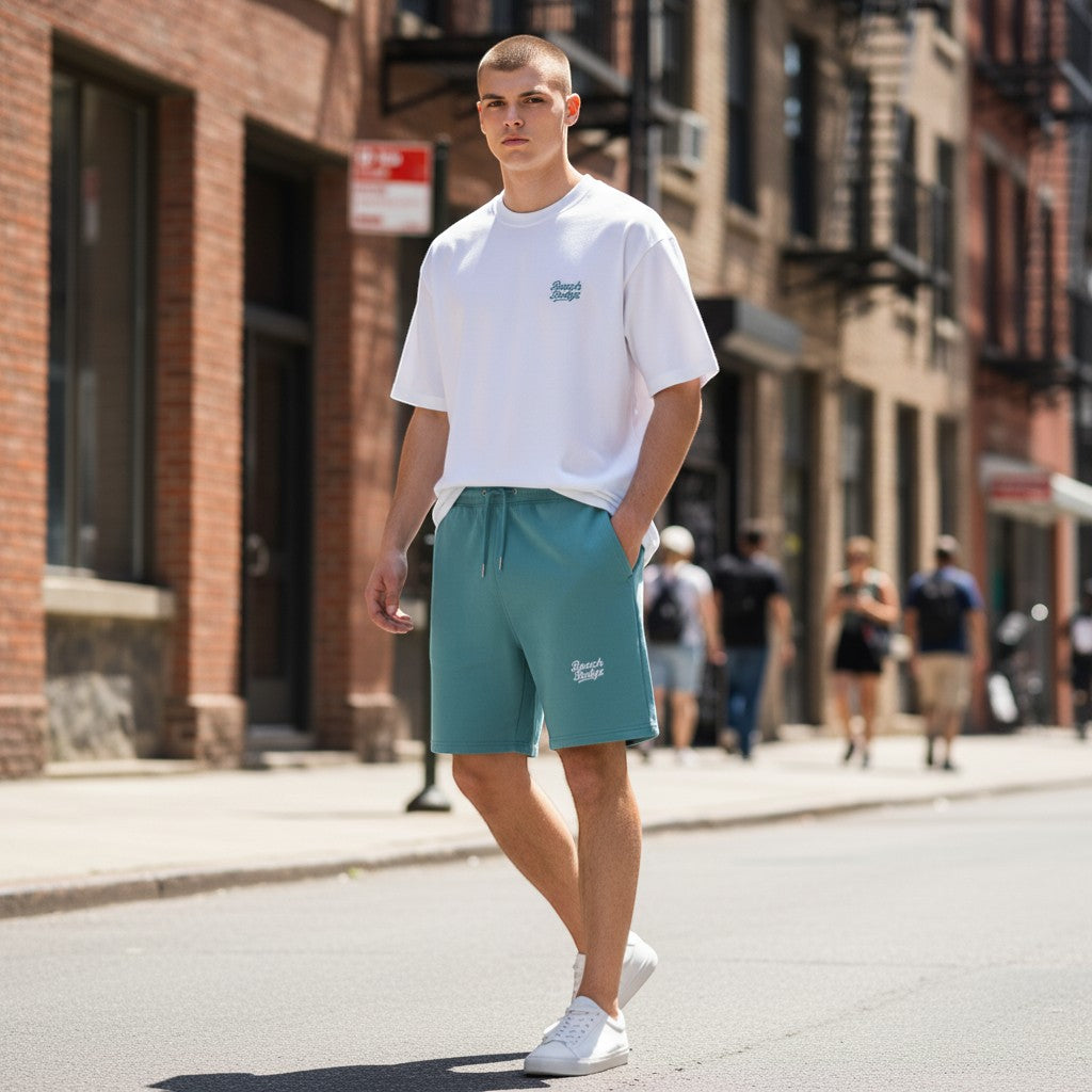 BeachBodyz® teal cotton blend jogger shorts with elastic waistband, drawstring, and embroidered logo.
