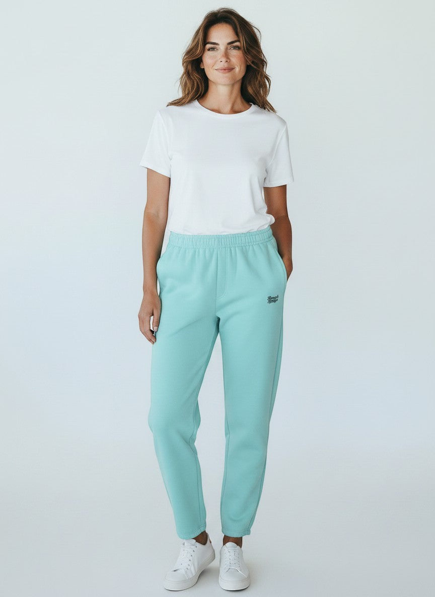 BeachBodyz® light teal cotton blend jogging pants with embroidered logo and elastic waistband.