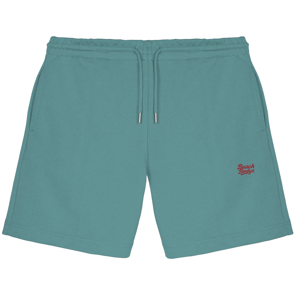 BeachBodyz® teal blue cotton jogger shorts with embroidered logo and drawstring waist. Comfortable streetwear style.