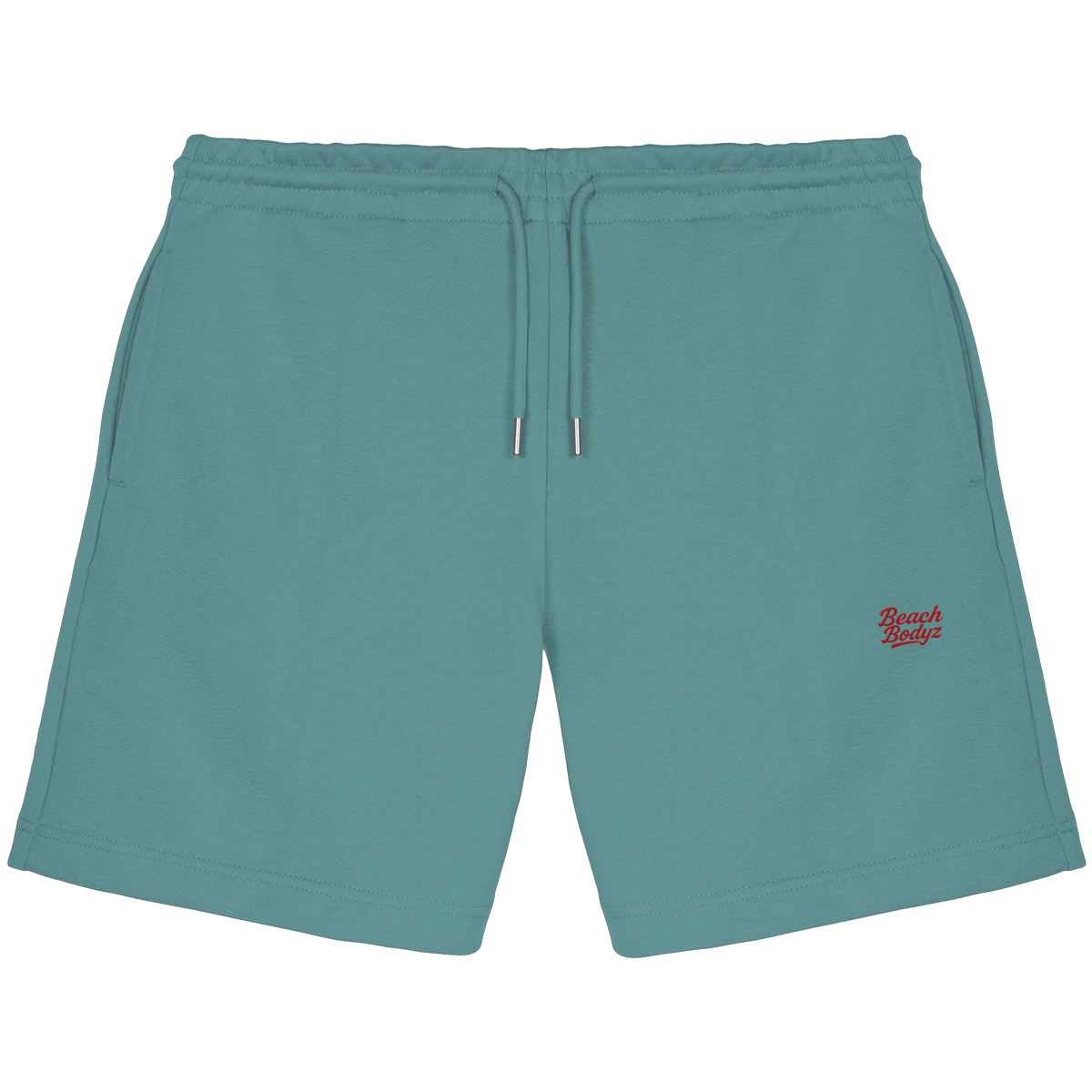 BeachBodyz® teal blue cotton jogger shorts with embroidered logo and drawstring waist. Comfortable streetwear style.