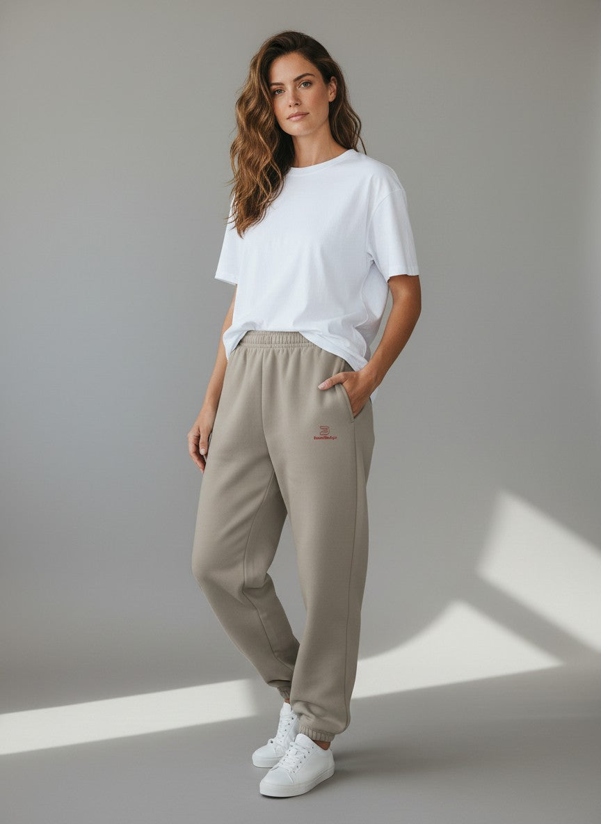 BeachBodyz® Essential Fluffy Jogginghose in U. Beige, soft cotton blend, relaxed fit, drawstring waist, side pockets.