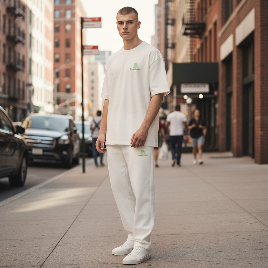 BeachBodyz® white cotton blend joggers with green logo embroidery, elastic waistband, and cuffed ankles.