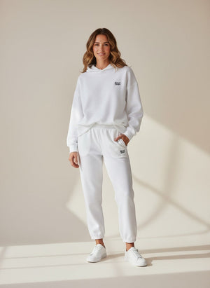 BeachBodyz® white cotton blend premium jogging pants with embroidered logo and elastic waistband.
