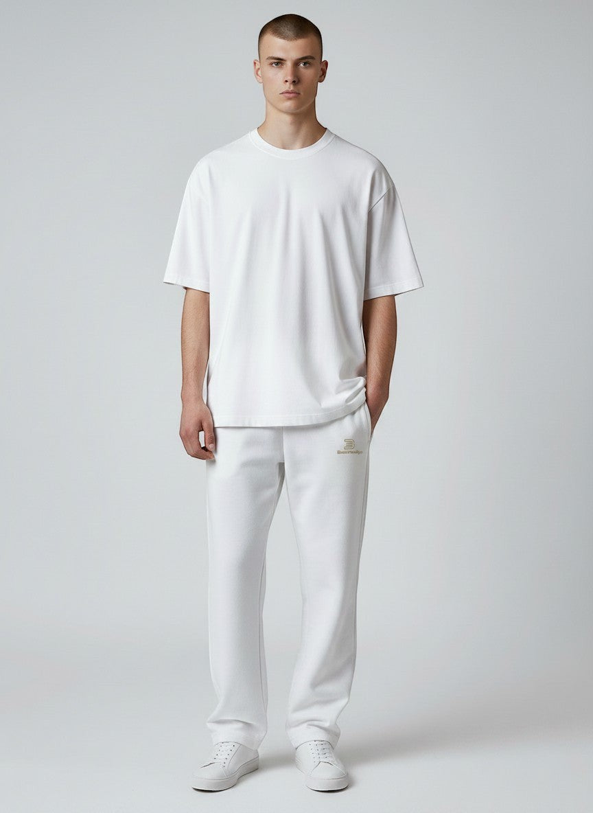 BeachBodyz® white cotton-blend jogging pants with elastic waistband and subtle logo.