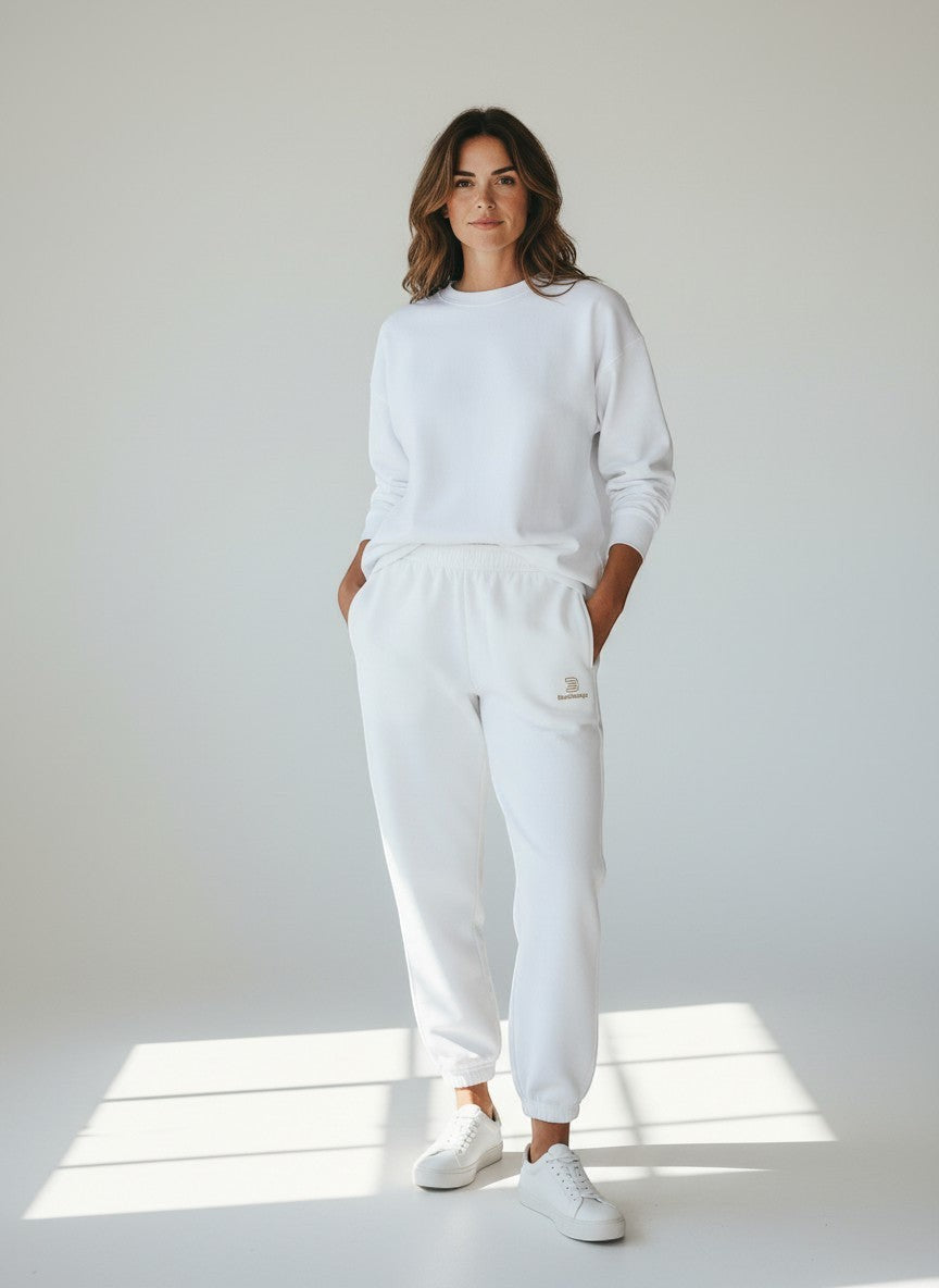 BeachBodyz® white cotton-blend jogging pants with elastic waistband and subtle logo.