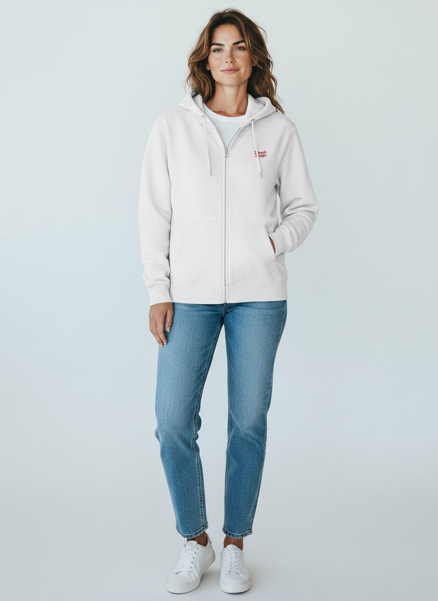 BeachBodyz® white cotton zip-up hoodie with red embroidered logo on chest, full zip, hood, and front pockets.