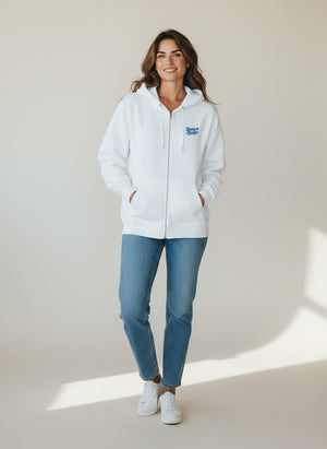BeachBodyz® white zip-up hoodie with blue embroidered logo, made from organic cotton blend.