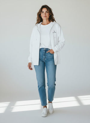 BeachBodyz® white zip-up hoodie with embroidered logo and front pockets, made from soft cotton blend.