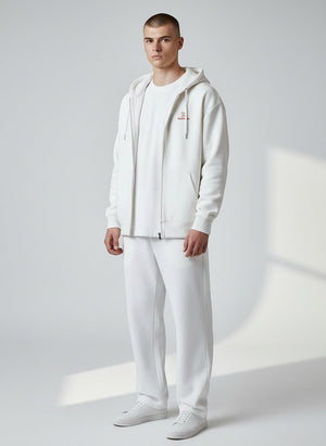 BeachBodyz® white full-zip hoodie with embroidered logo and front pocket, made from organic cotton.