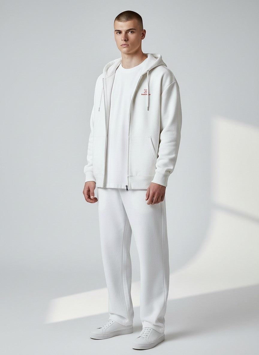 BeachBodyz® white full-zip hoodie with embroidered logo and front pocket, made from organic cotton.