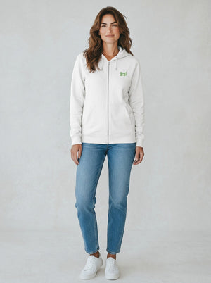 BeachBodyz® white zip-up hoodie with green embroidered logo on chest, made from organic cotton blend.