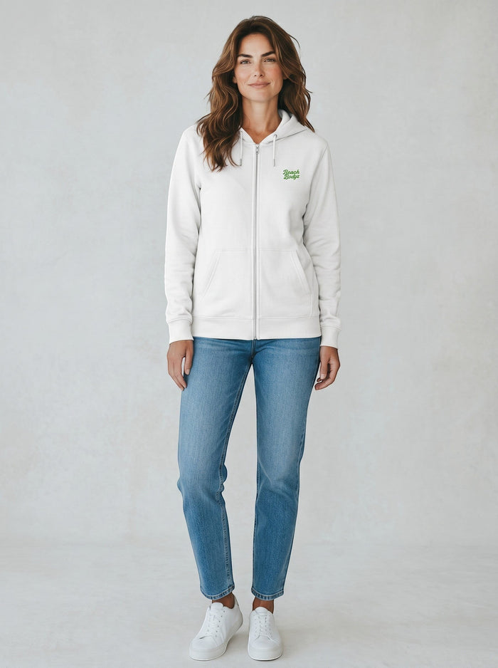 BeachBodyz® white zip-up hoodie with green embroidered logo on chest, made from organic cotton blend.