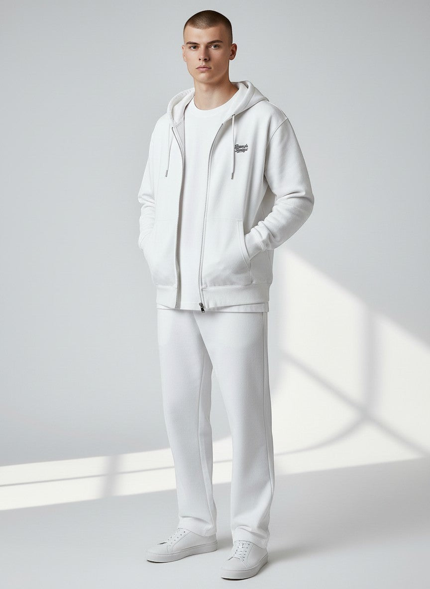 BeachBodyz® white organic cotton blend zip-up hoodie with embroidered logo and front pockets.