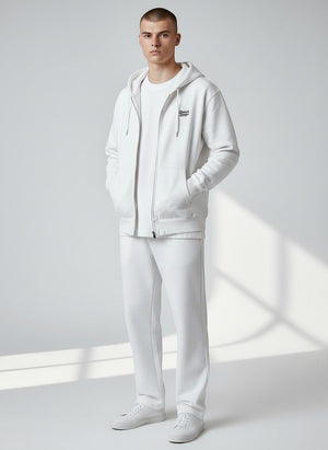BeachBodyz® white organic cotton blend zip-up hoodie with embroidered logo and front pockets.