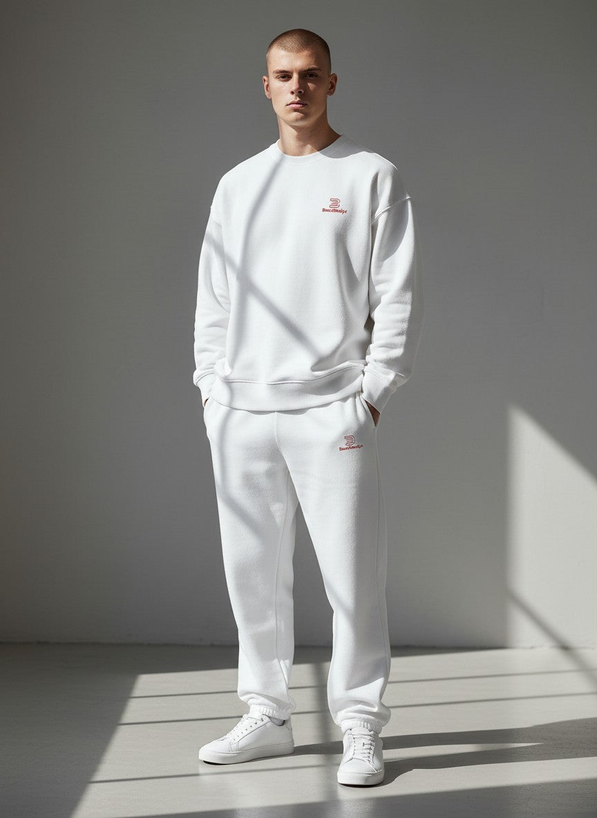 BeachBodyz® white fluffy oversized jogginghose with red logo embroidery, made from soft cotton blend for ultimate comfort.