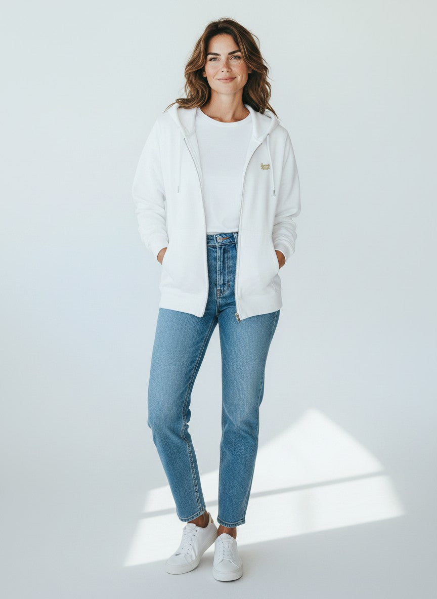 BeachBodyz® white organic cotton zip hoodie with embroidered logo and front pockets.