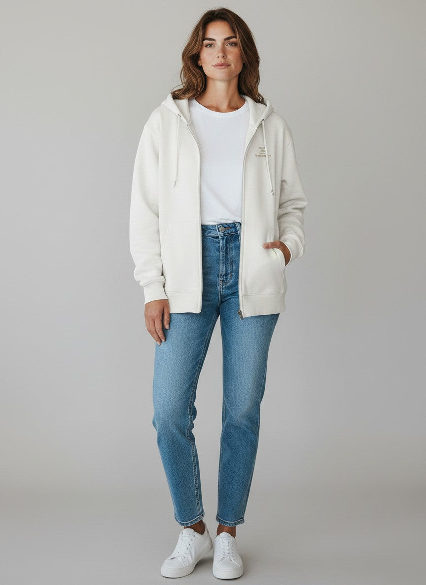 BeachBodyz® white zip-up hoodie with subtle gold logo embroidery and front pockets. Made from organic cotton blend.