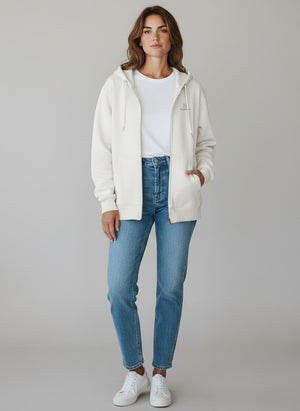 BeachBodyz® white zip-up hoodie with subtle gold logo embroidery and front pockets. Made from organic cotton blend.