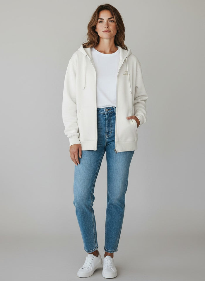 BeachBodyz® white zip-up hoodie with subtle gold logo embroidery and front pockets. Made from organic cotton blend.