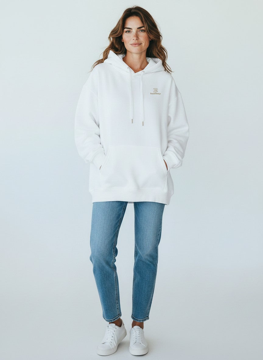 BeachBodyz® white oversized hoodie made from 400gsm bio-cotton with embroidered logo on chest.