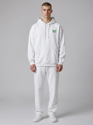 BeachBodyz® white oversized hoodie made from 400gsm bio-cotton with green embroidered logo on chest.