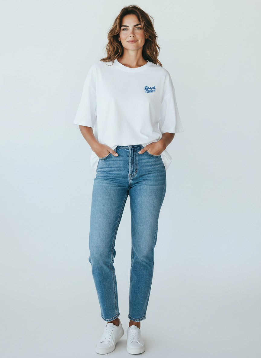 BeachBodyz® white oversized t-shirt made from bio-cotton with a small blue embroidered logo on the chest.