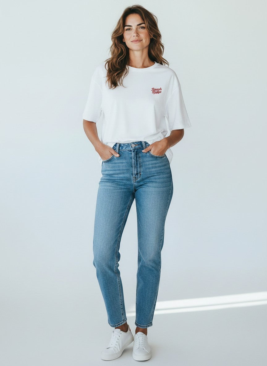 BeachBodyz® white oversized t-shirt made from bio-cotton with a small red embroidered logo on the chest.