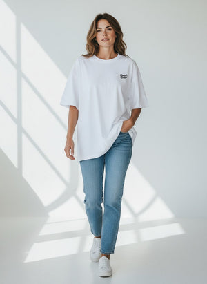 BeachBodyz® white oversized t-shirt made from bio-cotton with a small embroidered logo on the chest.