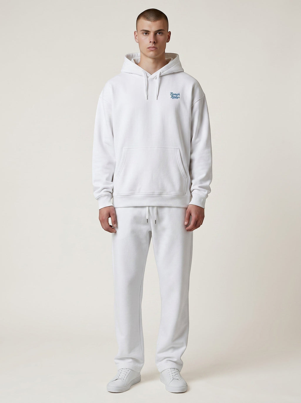 BeachBodyz® white oversized cotton hoodie with blue embroidered logo on chest and front pocket.
