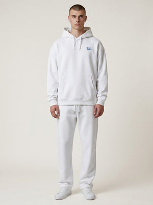 BeachBodyz® white oversized cotton hoodie with blue embroidered logo on chest and front pocket.