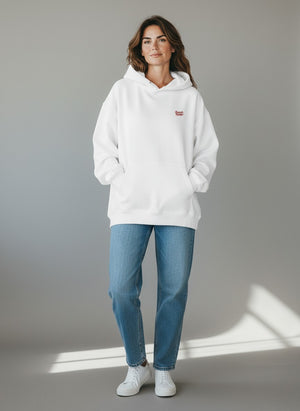 BeachBodyz® white oversized hoodie made from 400gsm organic cotton with embroidered logo on chest.