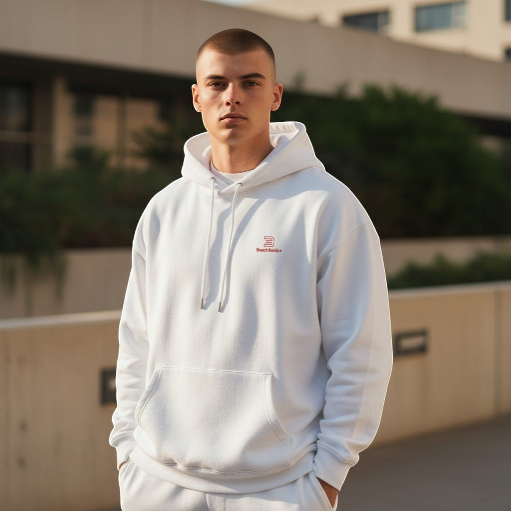 BeachBodyz® white cotton blend oversized hoodie with red logo embroidery and front pocket.
