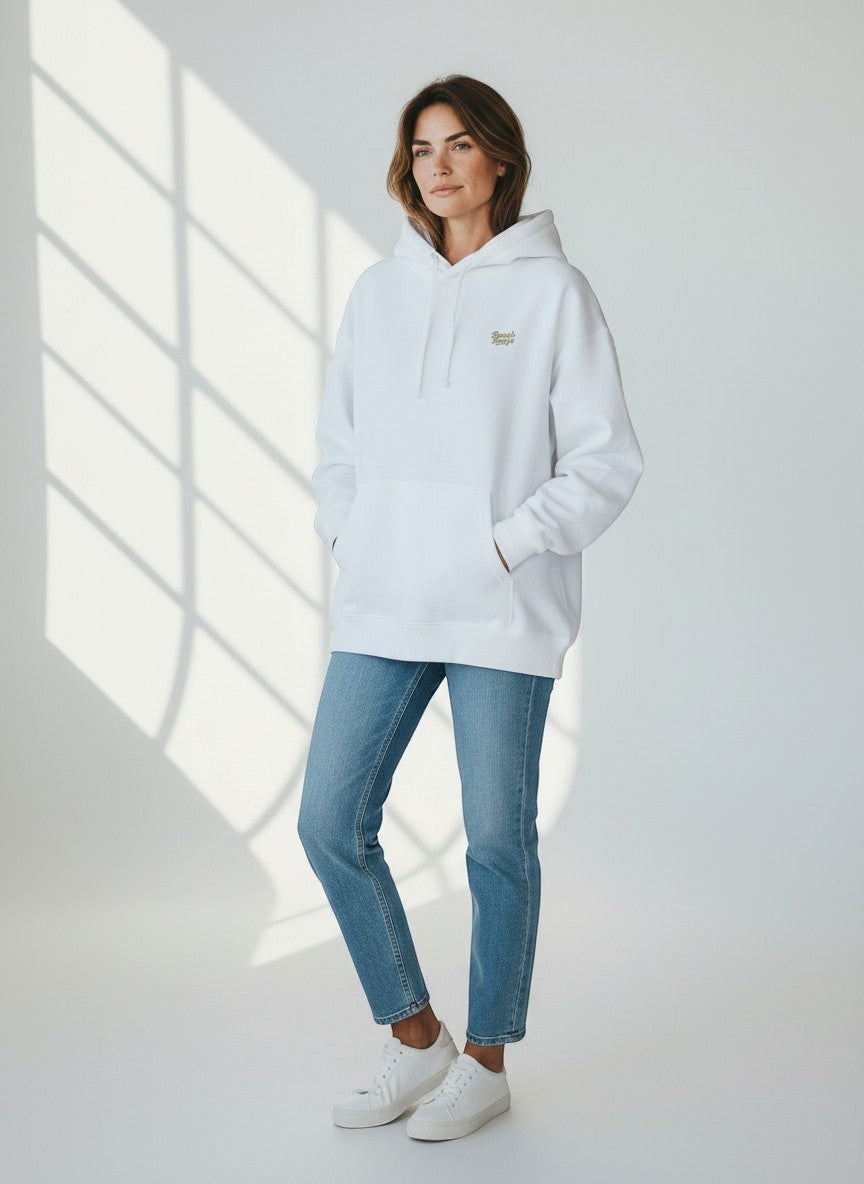 BeachBodyz® white oversized hoodie made from 400gsm organic cotton with embroidered logo on chest.