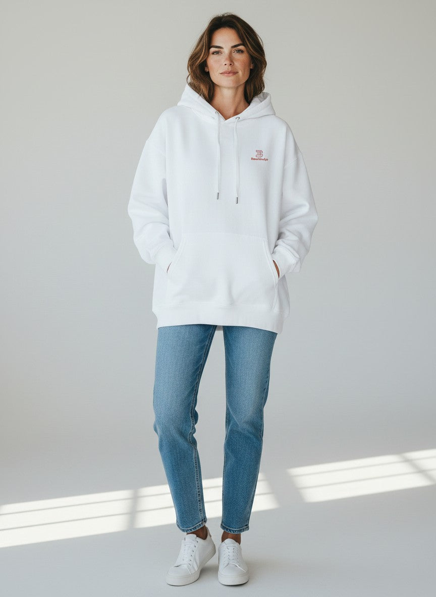 BeachBodyz® white oversized hoodie made from 400gsm organic cotton with a small red embroidered logo on the chest.