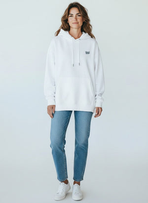 BeachBodyz® white oversized hoodie made from 400gsm organic cotton with embroidered logo on chest.