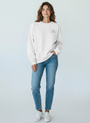 BeachBodyz® white oversized sweatshirt made from organic cotton with a green embroidered logo and crew neck.