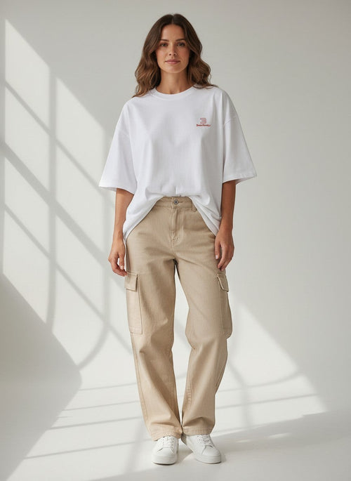 BeachBodyz® white organic cotton oversized t-shirt with small red embroidered logo on chest.