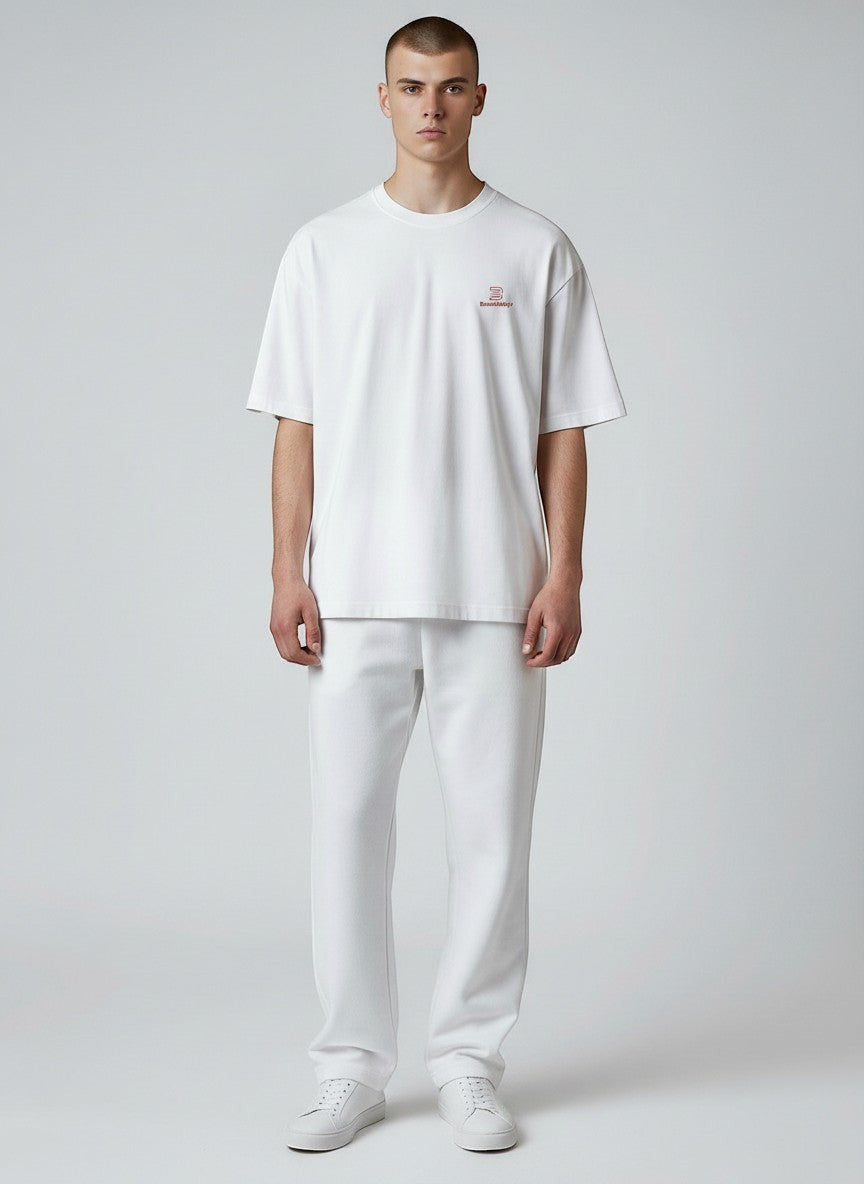 BeachBodyz® white oversized t-shirt made from organic cotton with a small red embroidered logo on the chest.