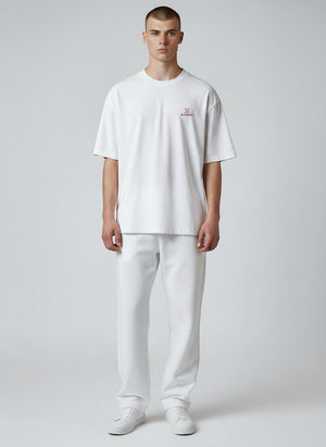 BeachBodyz® white oversized t-shirt made from organic cotton with a small red embroidered logo on the chest.