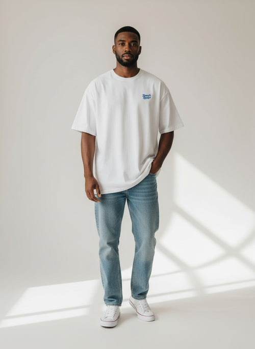 BeachBodyz® white oversized t-shirt made from organic cotton with a small blue embroidered logo on the chest.