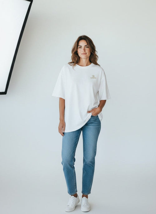BeachBodyz® white oversized t-shirt made from organic cotton with a small embroidered logo on the chest.