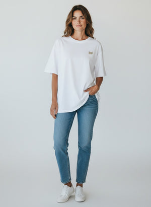 BeachBodyz® white oversized t-shirt made from organic cotton with a small embroidered logo on the chest.