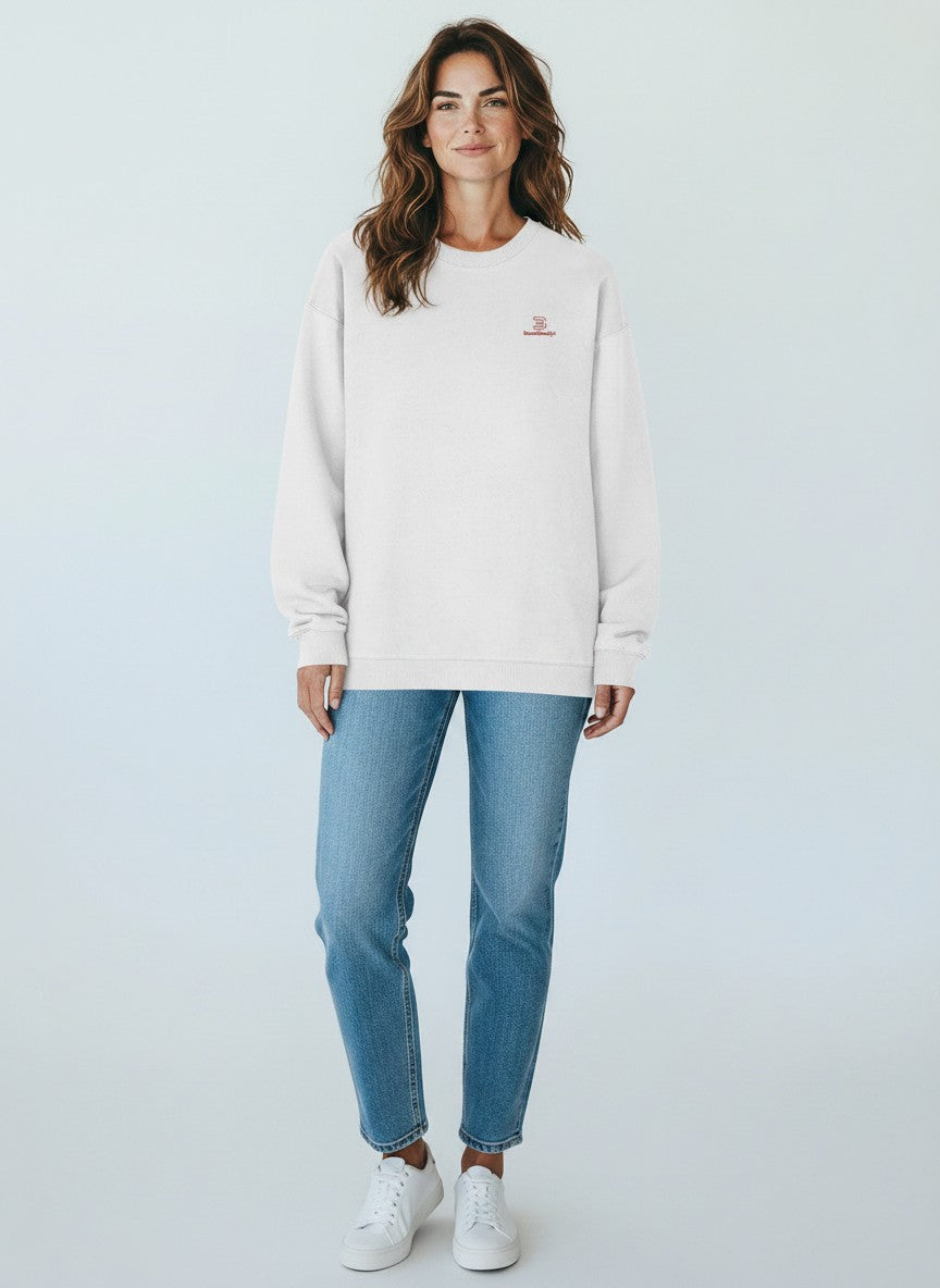 BeachBodyz® white organic cotton oversized sweatshirt with embroidered logo on chest.