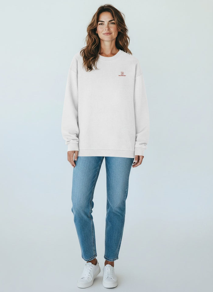 BeachBodyz® white organic cotton oversized sweatshirt with embroidered logo on chest.