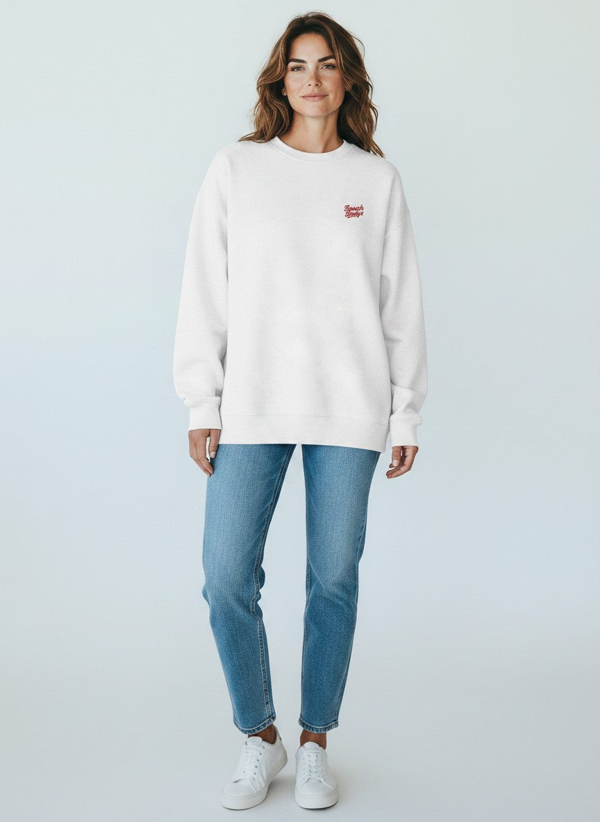 BeachBodyz® white oversized sweatshirt made from organic cotton with a small red embroidered logo on the chest.