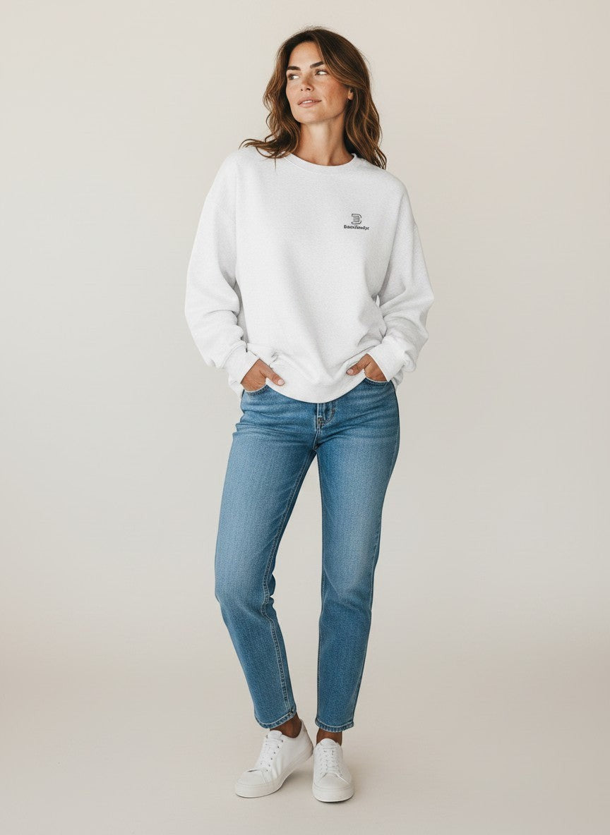 BeachBodyz® white organic cotton oversized sweatshirt with embroidered logo on chest.