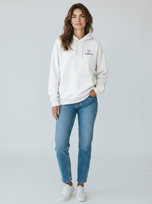 BeachBodyz® white oversized hoodie with embroidered logo on chest and front pocket. Made from 100% organic cotton.