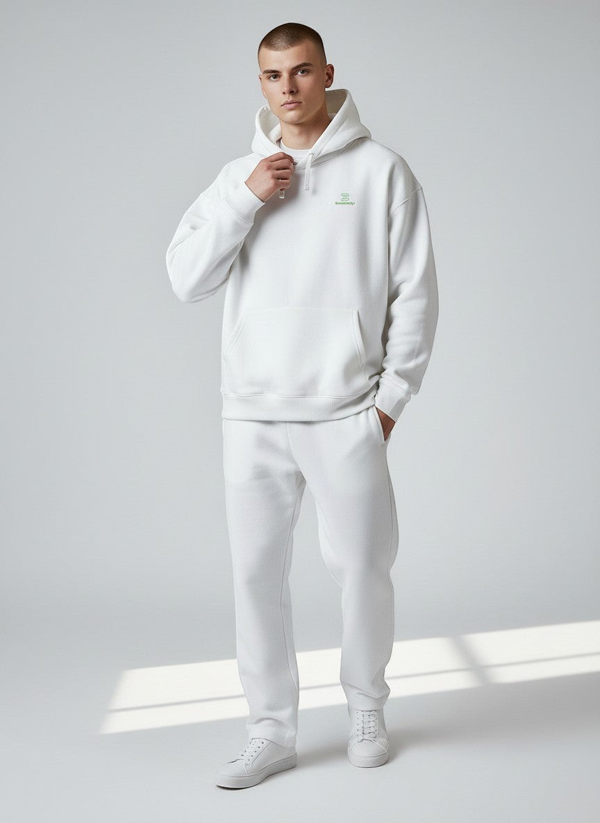 BeachBodyz® white oversized hoodie made from 400gsm organic cotton with a small green embroidered logo on the chest.