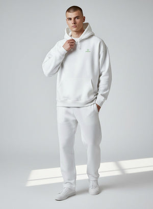 BeachBodyz® white oversized hoodie made from 400gsm organic cotton with a small green embroidered logo on the chest.