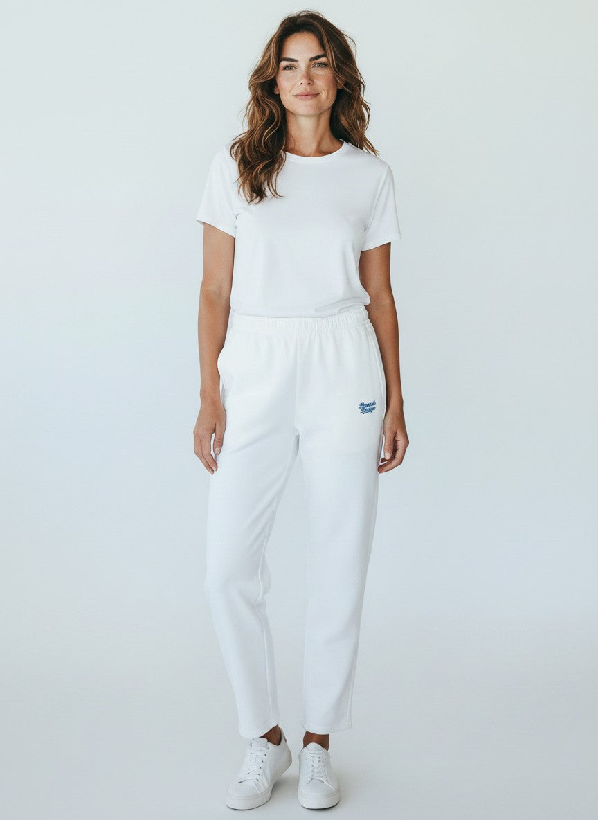 BeachBodyz® white premium cotton blend jogging pants with embroidered logo and elastic waistband.